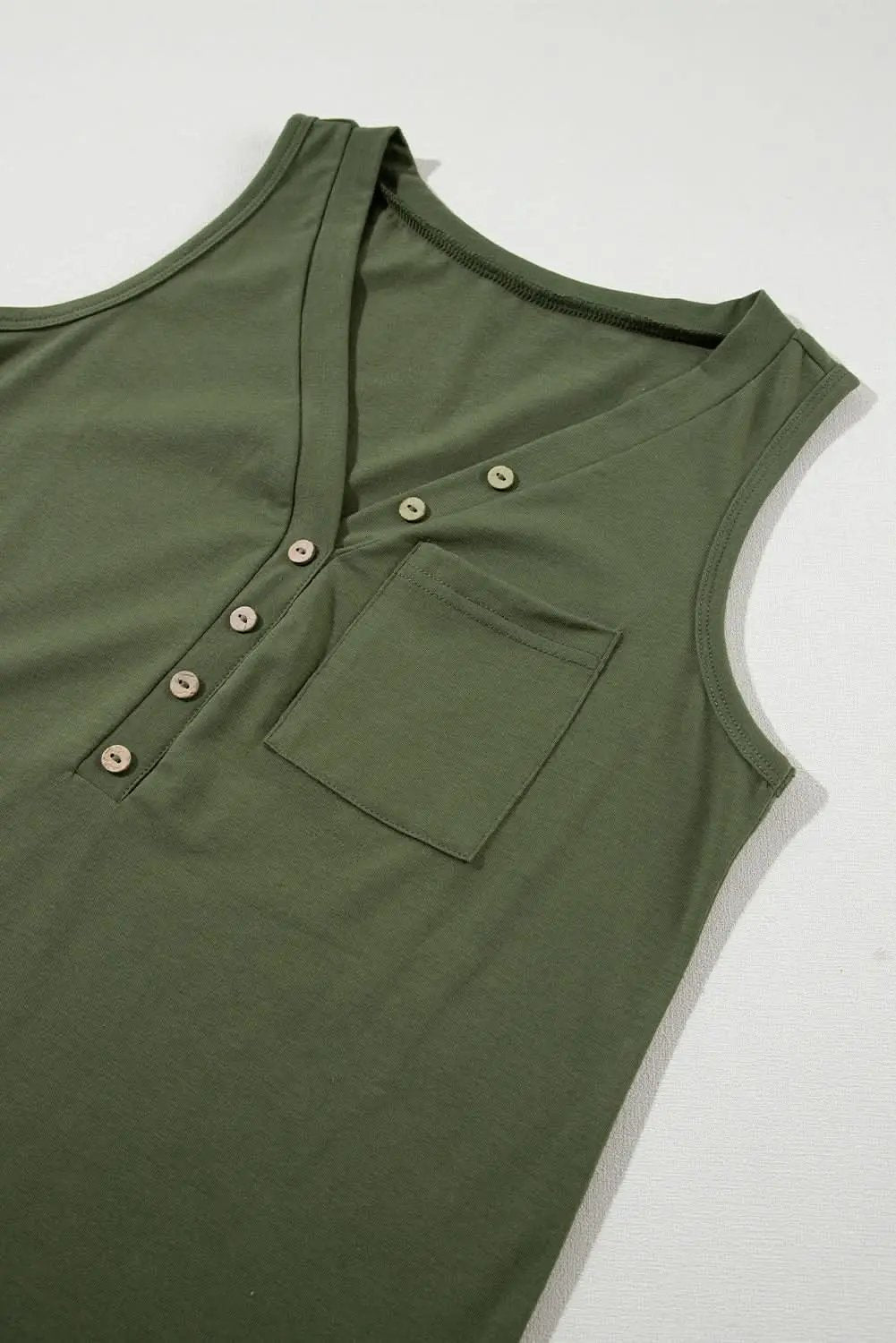 Jungle Green Half Button V Neck Patched Pocket Tank Top - Love Salve